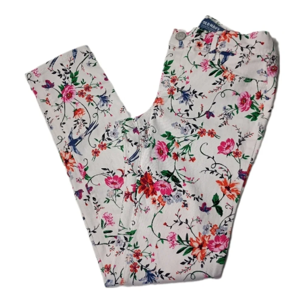 Old Navy Girls Rockstar Floral Jeggings Size 10 R White Skinny Adjustable Waist